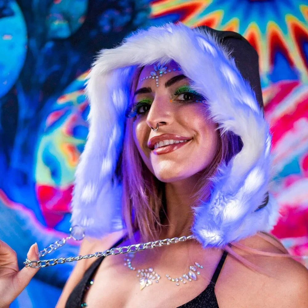 LED Fur Hood Hat Flash Reactive Fabric 20+ Color Changing Modes w/ Remote NWT‎